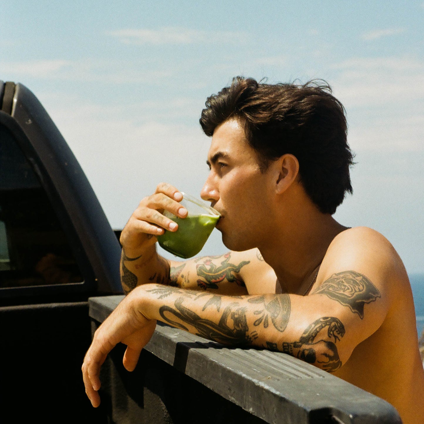 Evan drinking matcha